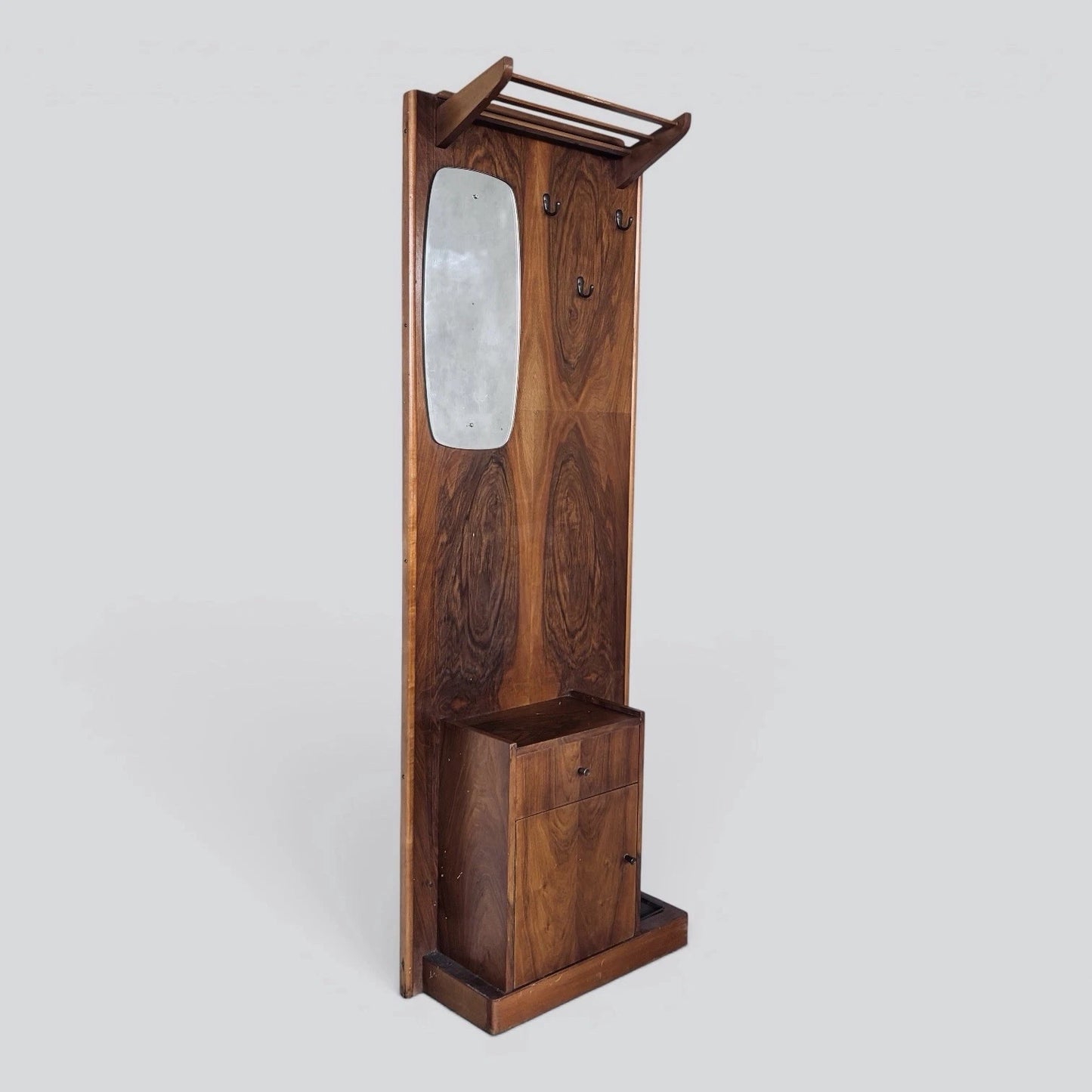 Mid Century Walnut Hall Stand with Mirror, Umbrella Stand & Shoe Cabinet – image 1