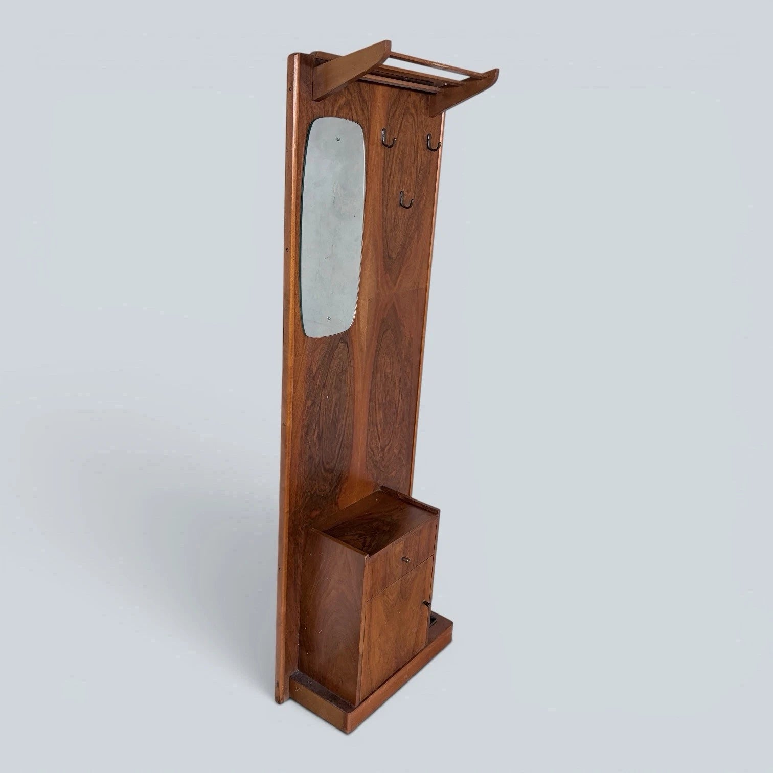 Mid Century Walnut Hall Stand with Mirror, Umbrella Stand & Shoe Cabinet – image 2