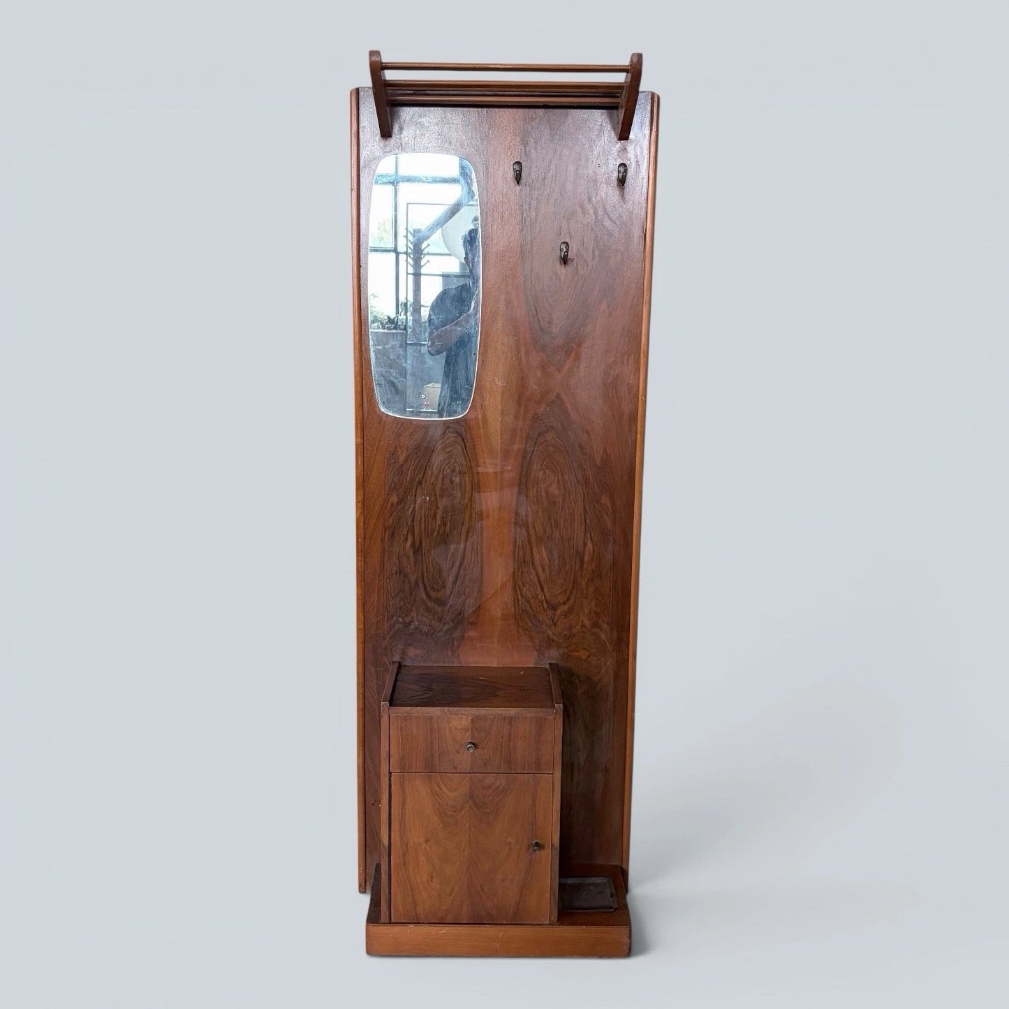 Mid Century Walnut Hall Stand with Mirror, Umbrella Stand & Shoe Cabinet – image 3