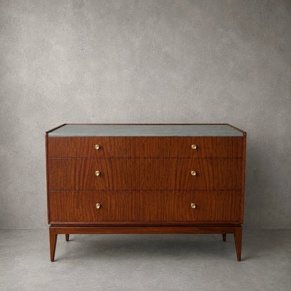 Mid Century Walnut & Blue Plush Top Chest of Drawers Cabinet – image 1