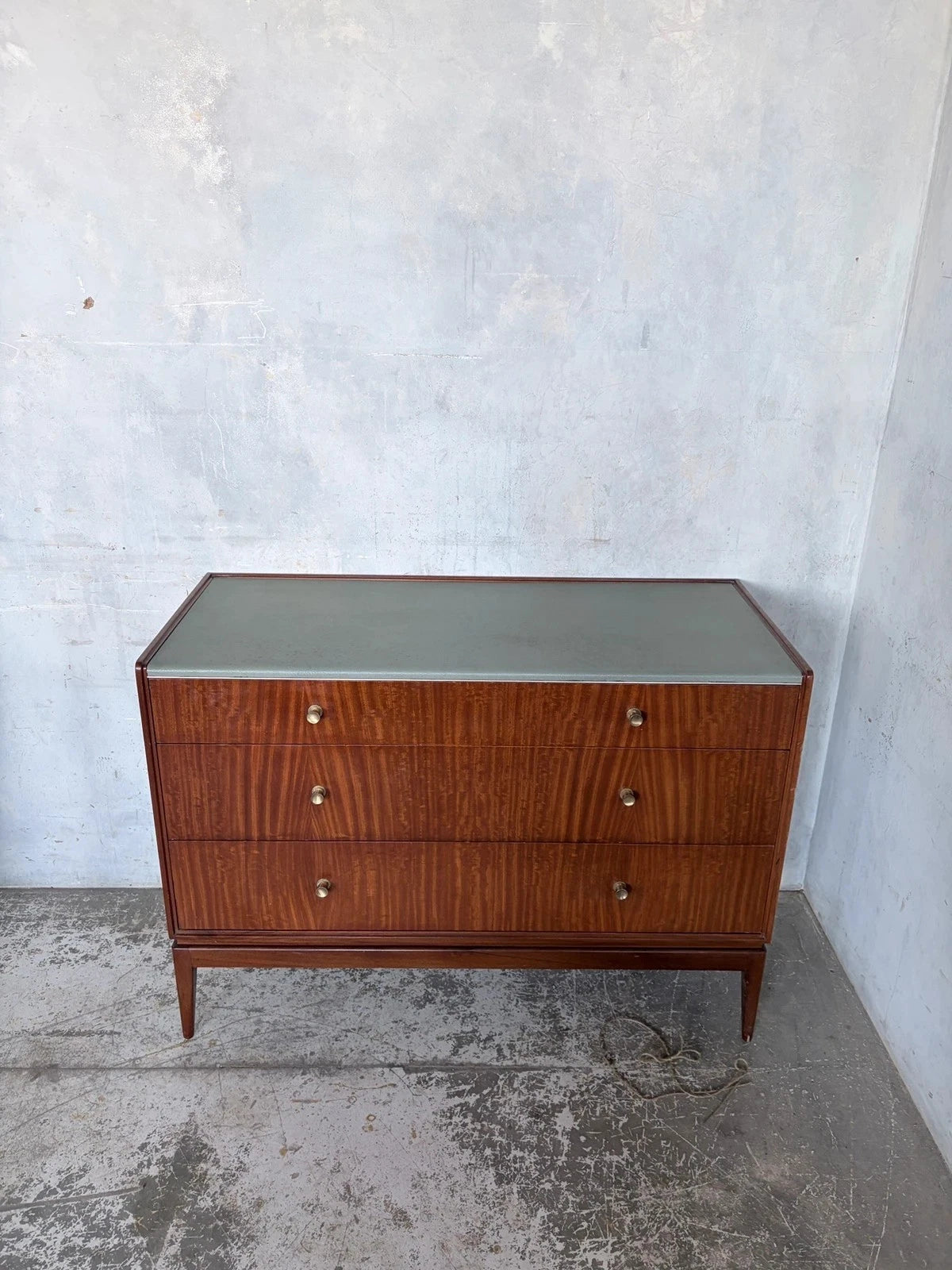 Mid Century Walnut & Blue Plush Top Chest of Drawers Cabinet – image 3