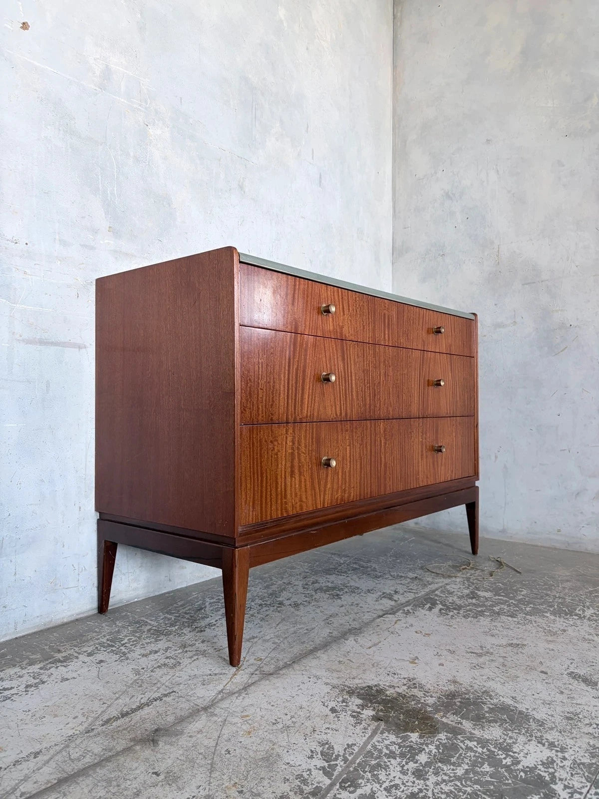Mid Century Walnut & Blue Plush Top Chest of Drawers Cabinet – image 4