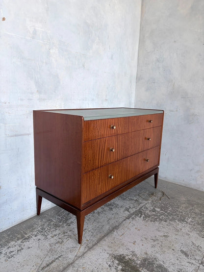 Mid Century Walnut & Blue Plush Top Chest of Drawers Cabinet – image 5