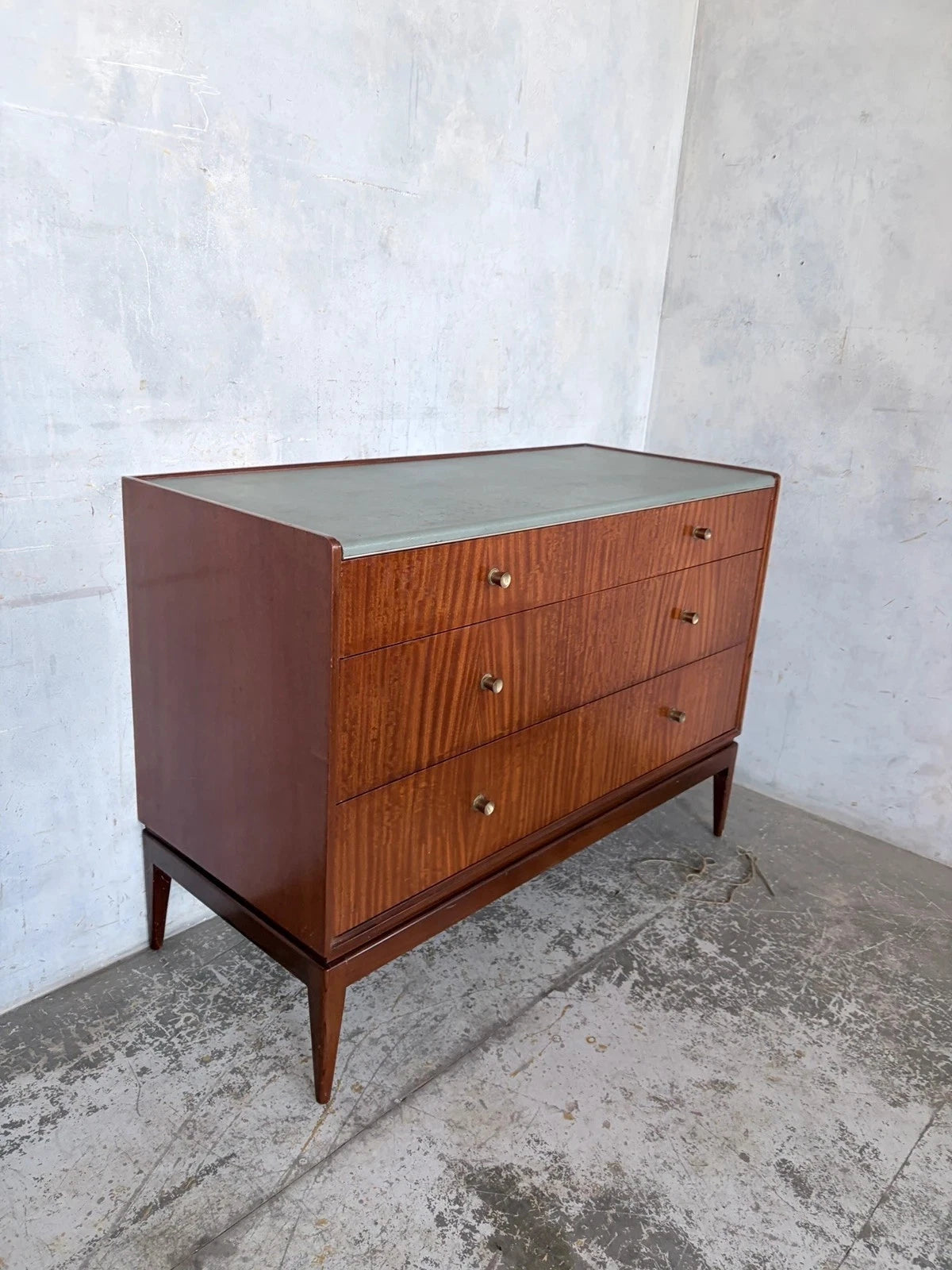 Mid Century Walnut & Blue Plush Top Chest of Drawers Cabinet – image 6