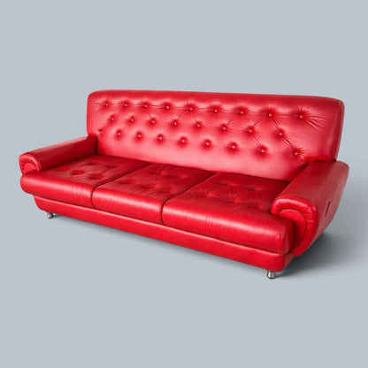 Vintage Red Leather Deep-Buttoned Three-Seater Sofa – photograph 1