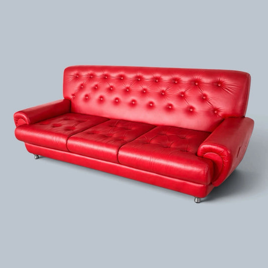 Vintage Red Leather Deep-Buttoned Three-Seater Sofa – photograph 1