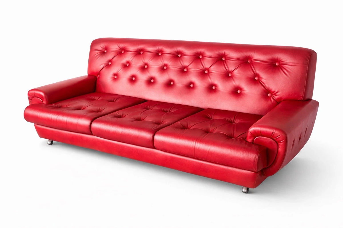 Vintage Red Leather Deep-Buttoned Three-Seater Sofa – photograph 10
