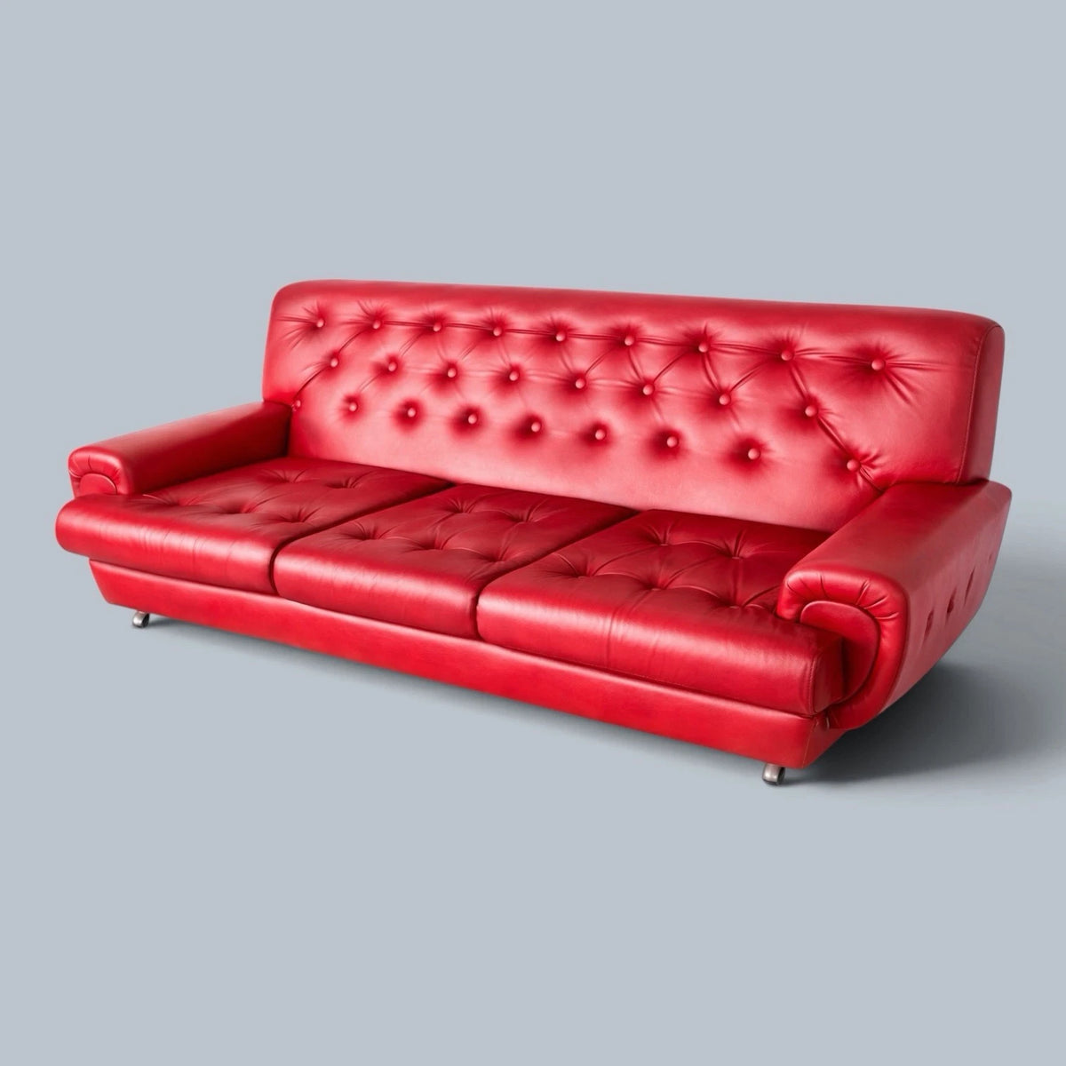 Vintage Red Leather Deep-Buttoned Three-Seater Sofa – photograph 2