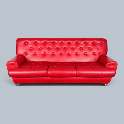 Vintage Red Leather Deep-Buttoned Three-Seater Sofa – photograph 3