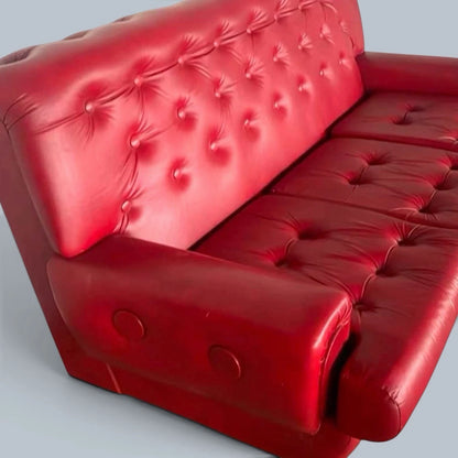 Vintage Red Leather Deep-Buttoned Three-Seater Sofa – photograph 5