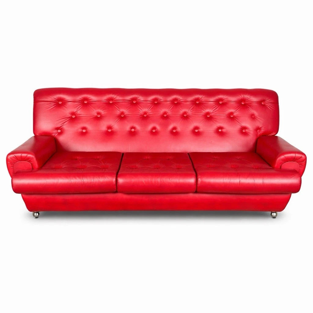 Vintage Red Leather Deep-Buttoned Three-Seater Sofa – photograph 8