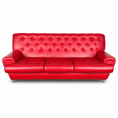 Vintage Red Leather Deep-Buttoned Three-Seater Sofa – photograph 8