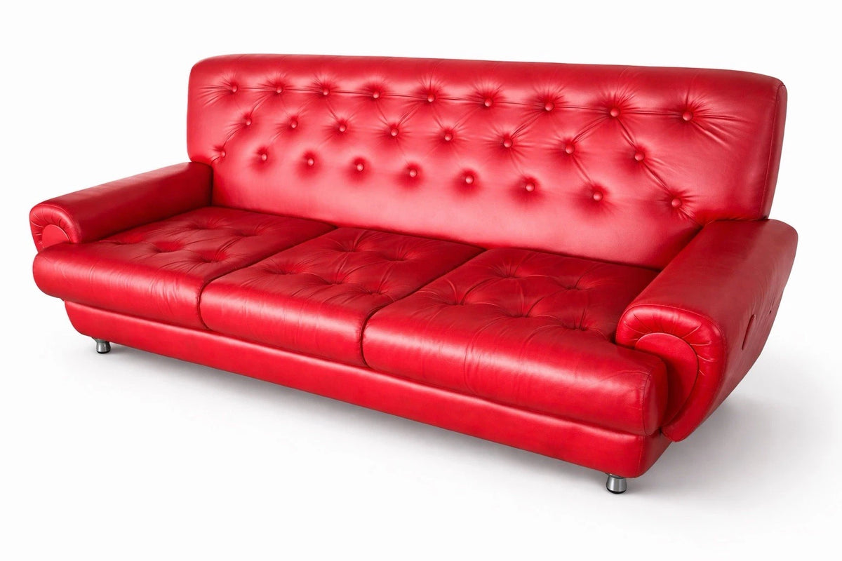 Vintage Red Leather Deep-Buttoned Three-Seater Sofa – photograph 9
