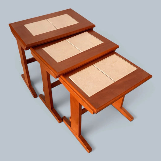 Mid-Century teak and cream tile nest of three tables – photo 1
