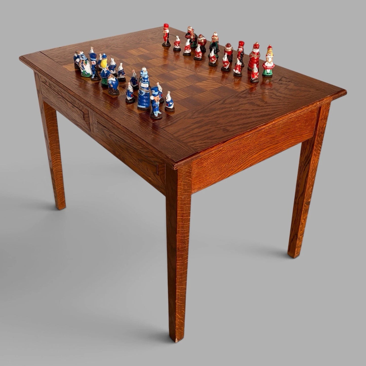 Vintage French oak chess and games table with storage drawer – view 1