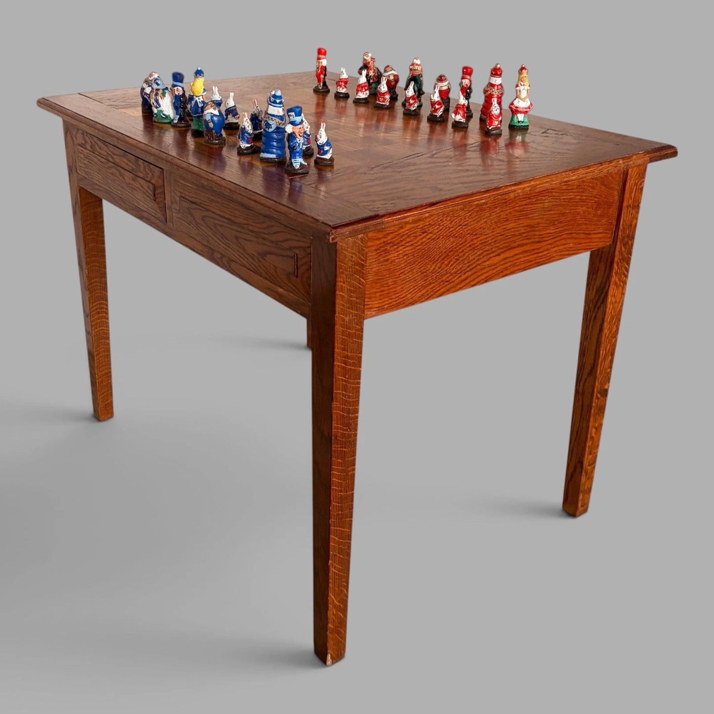 Vintage French oak chess and games table with storage drawer – view 2