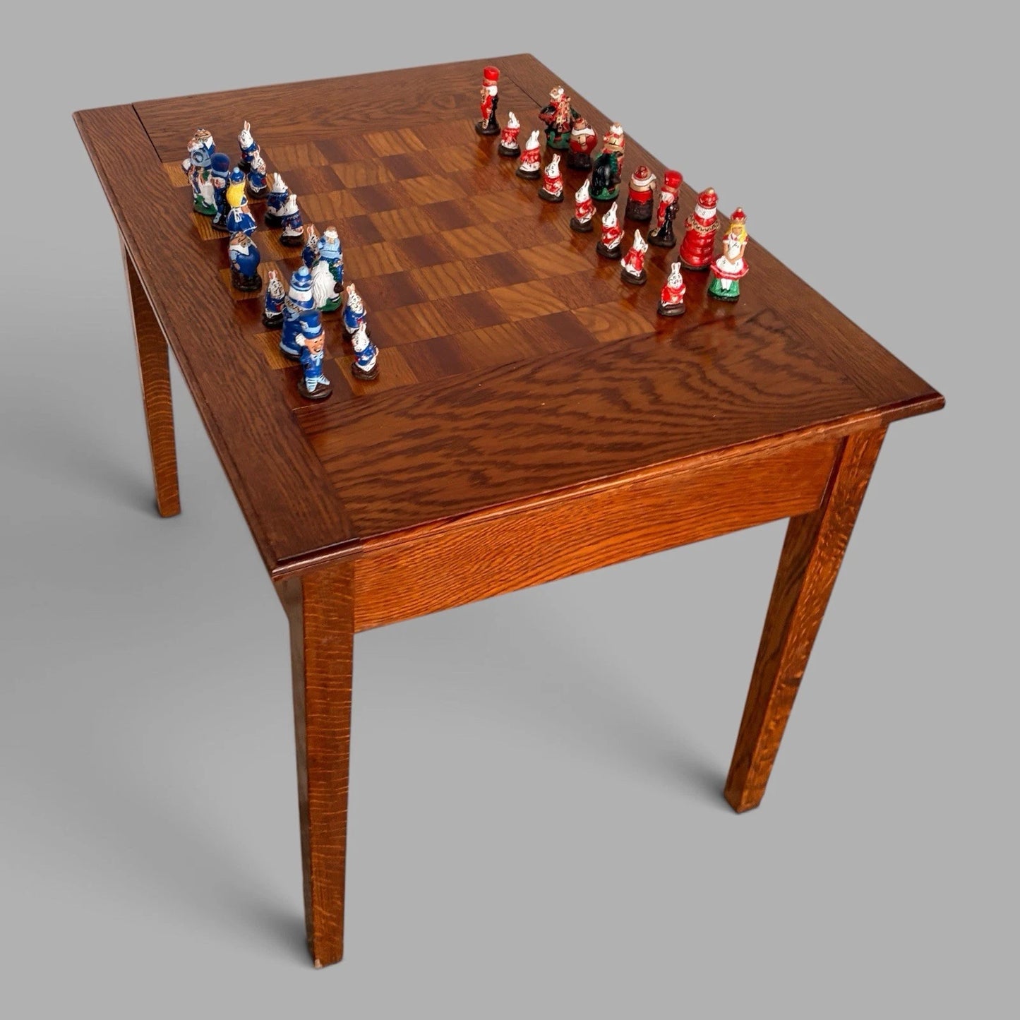 Vintage French oak chess and games table with storage drawer – view 3