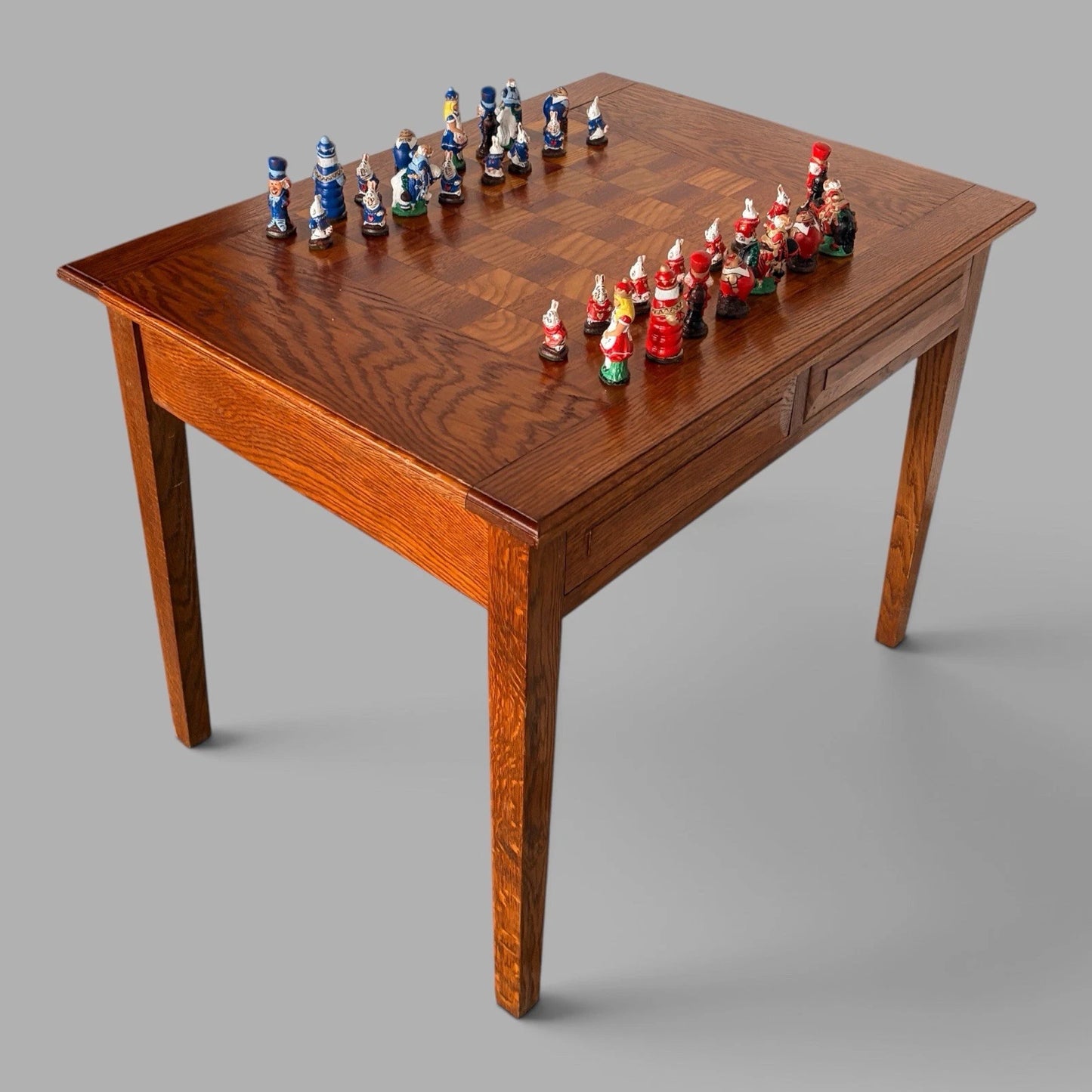 Vintage French oak chess and games table with storage drawer – view 5