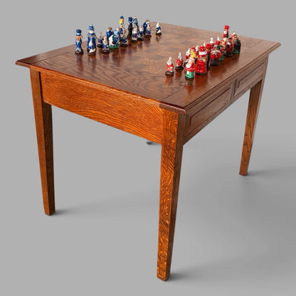 Vintage French oak chess and games table with storage drawer – view 6