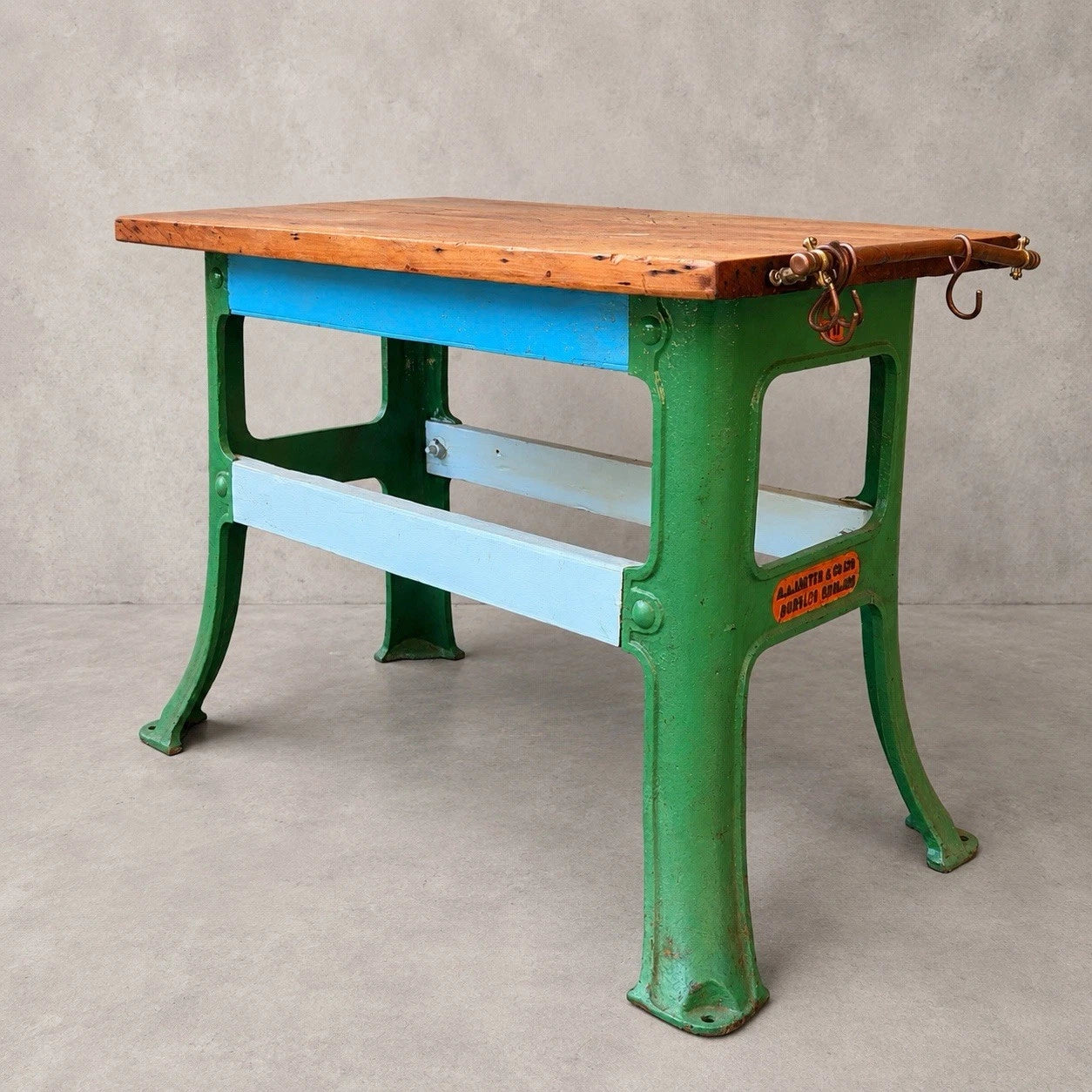 Vintage Industrial Pine Workbench / Kitchen Island with Cast Iron Base – image 1