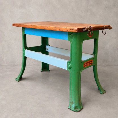 Vintage Industrial Pine Workbench / Kitchen Island with Cast Iron Base – image 1