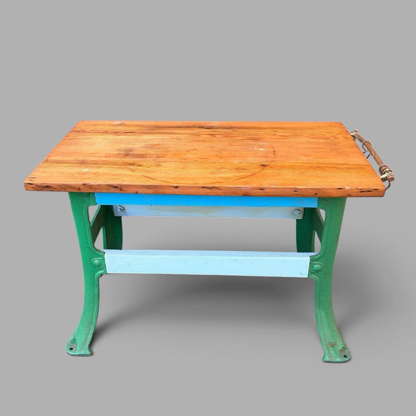Vintage Industrial Pine Workbench / Kitchen Island with Cast Iron Base – image 2