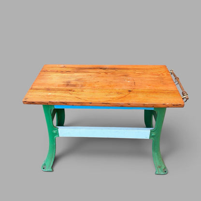 Vintage Industrial Pine Workbench / Kitchen Island with Cast Iron Base – image 3