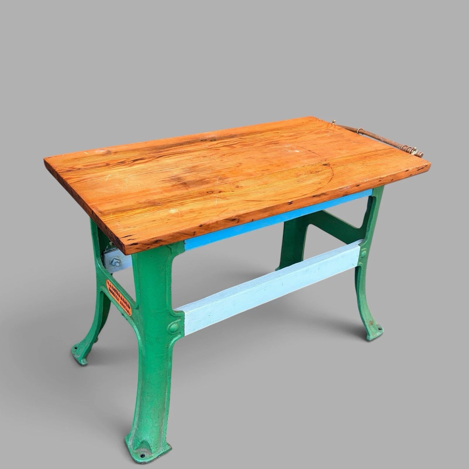 Vintage Industrial Pine Workbench / Kitchen Island with Cast Iron Base – image 4