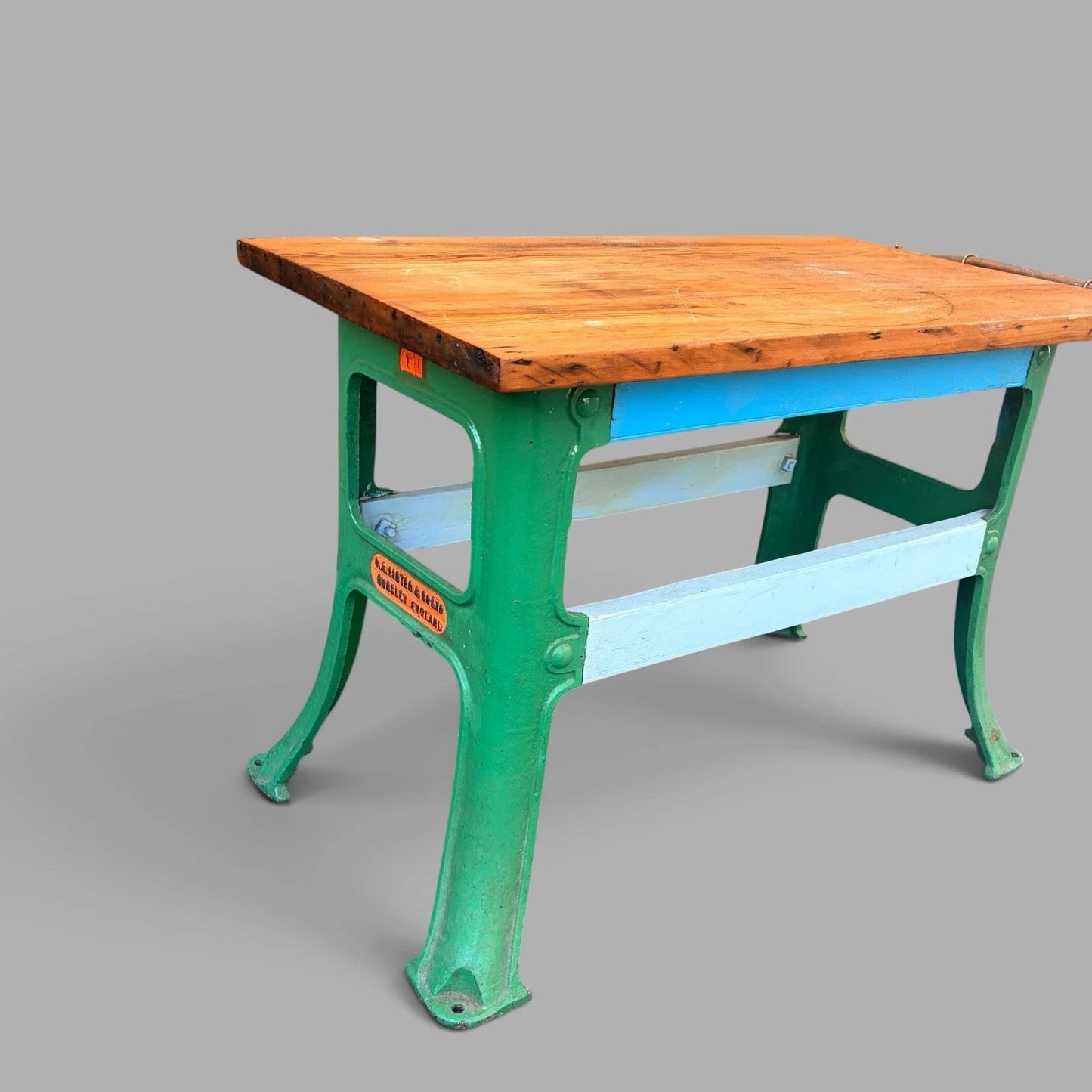 Vintage Industrial Pine Workbench / Kitchen Island with Cast Iron Base – image 5