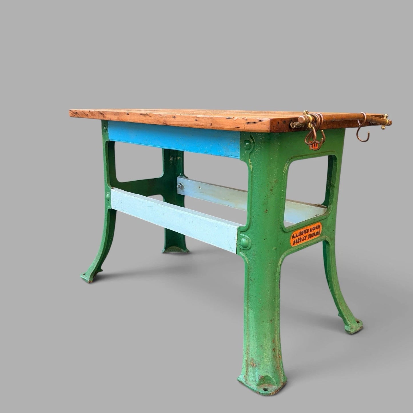 Vintage Industrial Pine Workbench / Kitchen Island with Cast Iron Base – image 6