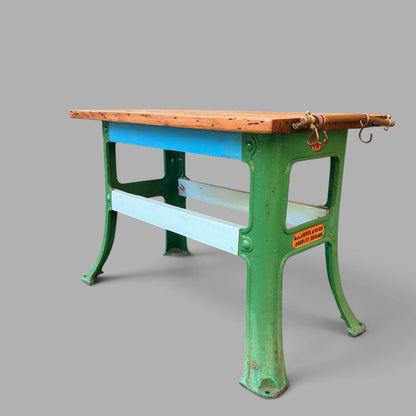 Vintage Industrial Pine Workbench / Kitchen Island with Cast Iron Base – image 6