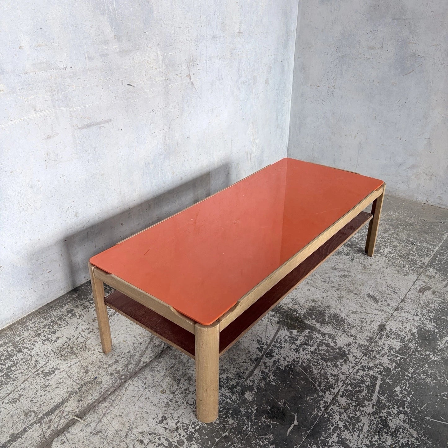 Mid Century Myers Light Teak Coffee Table with Orange Perspex Top – image 5
