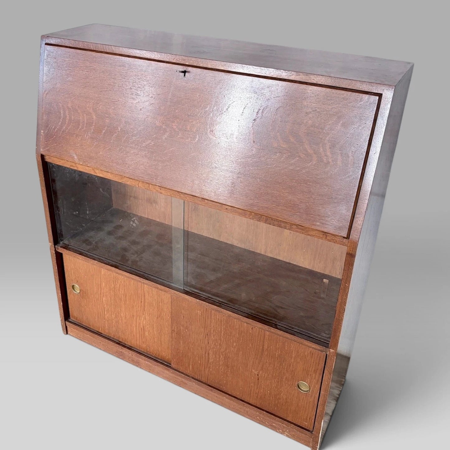 Mid Century Tiger Oak Bureau Display Cabinet & Bookcase – view 2