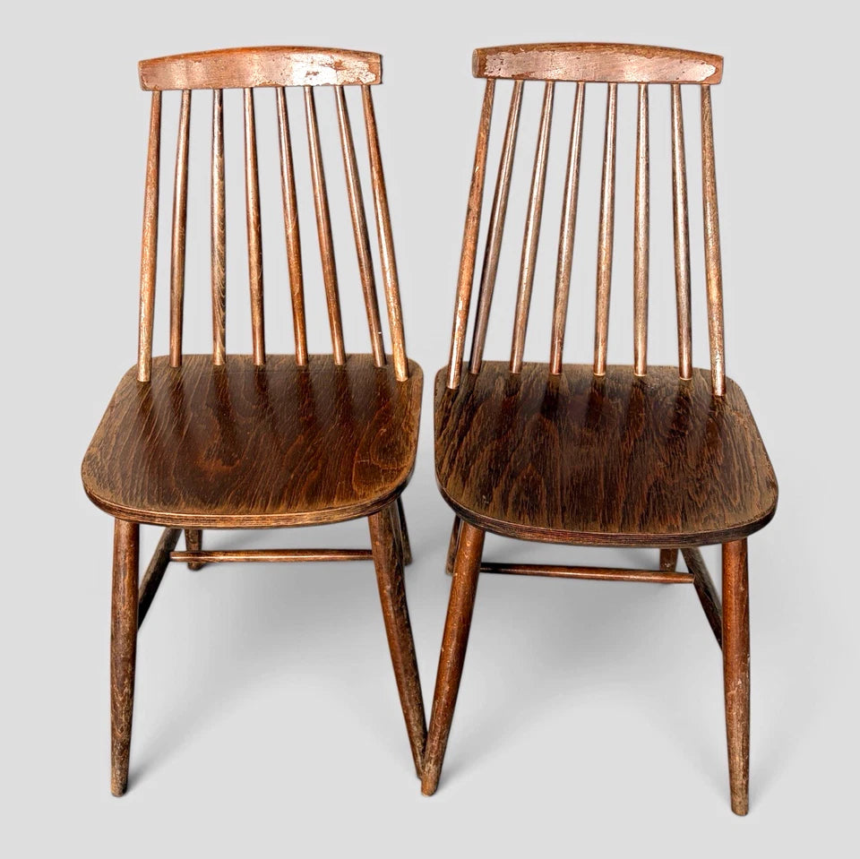 Pair of vintage dark wood spindle back dining chairs – view 1