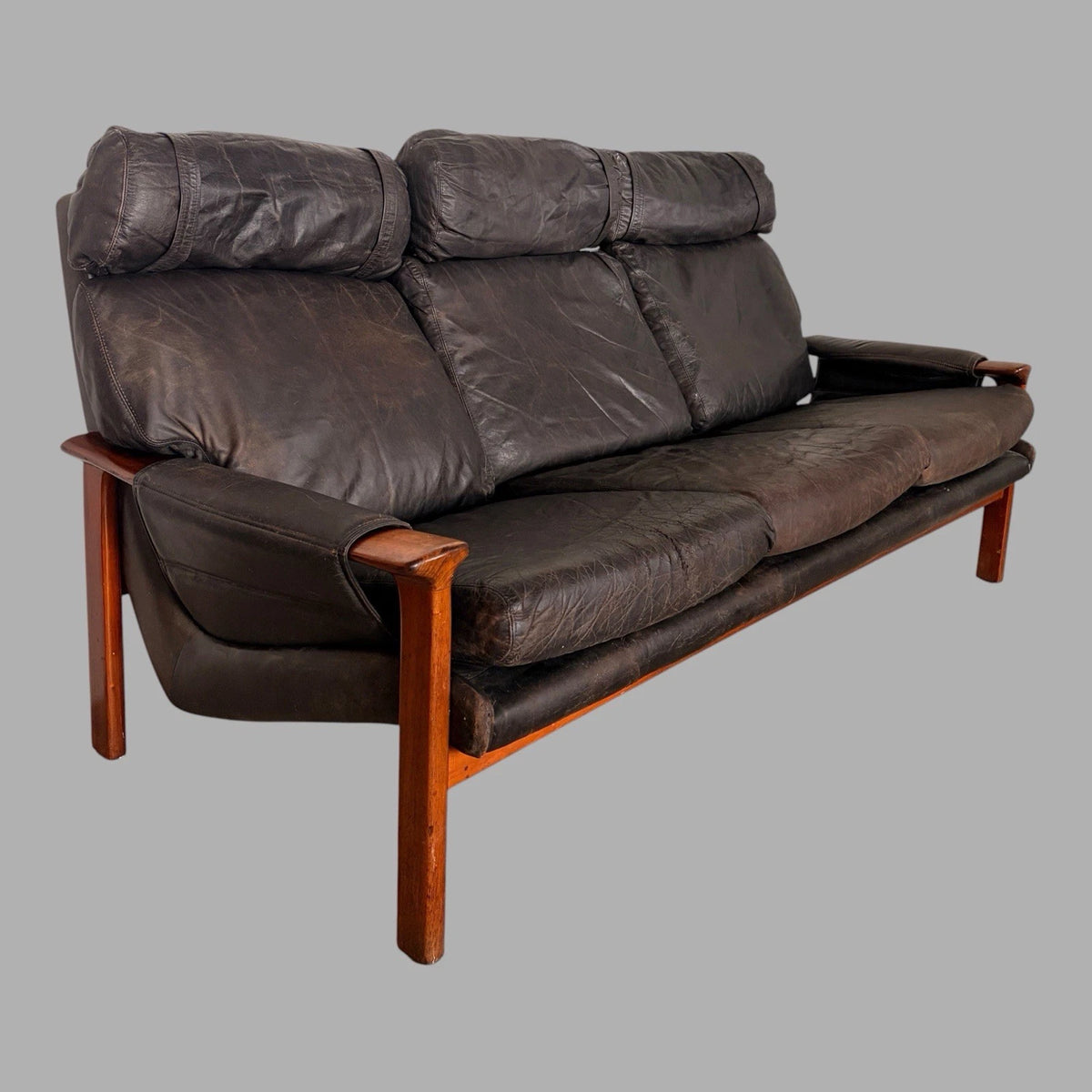 Fred Lowen for Tessa rosewood and black leather three-seater sofa – view 2