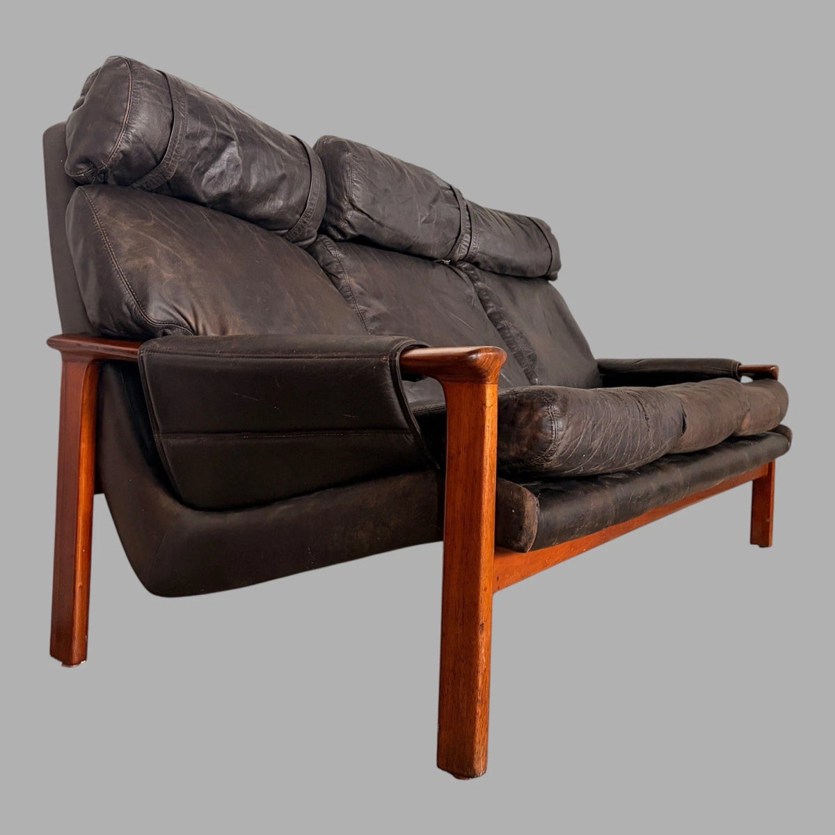 Fred Lowen for Tessa rosewood and black leather three-seater sofa – view 4