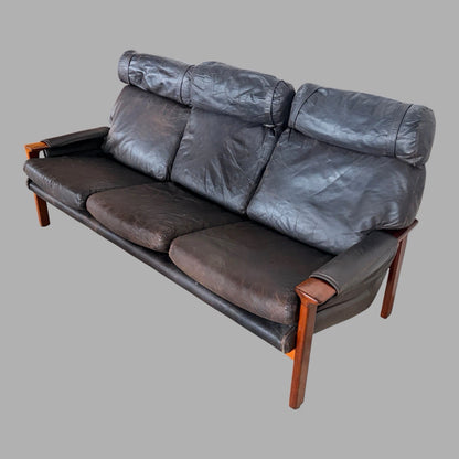 Fred Lowen for Tessa rosewood and black leather three-seater sofa – view 5