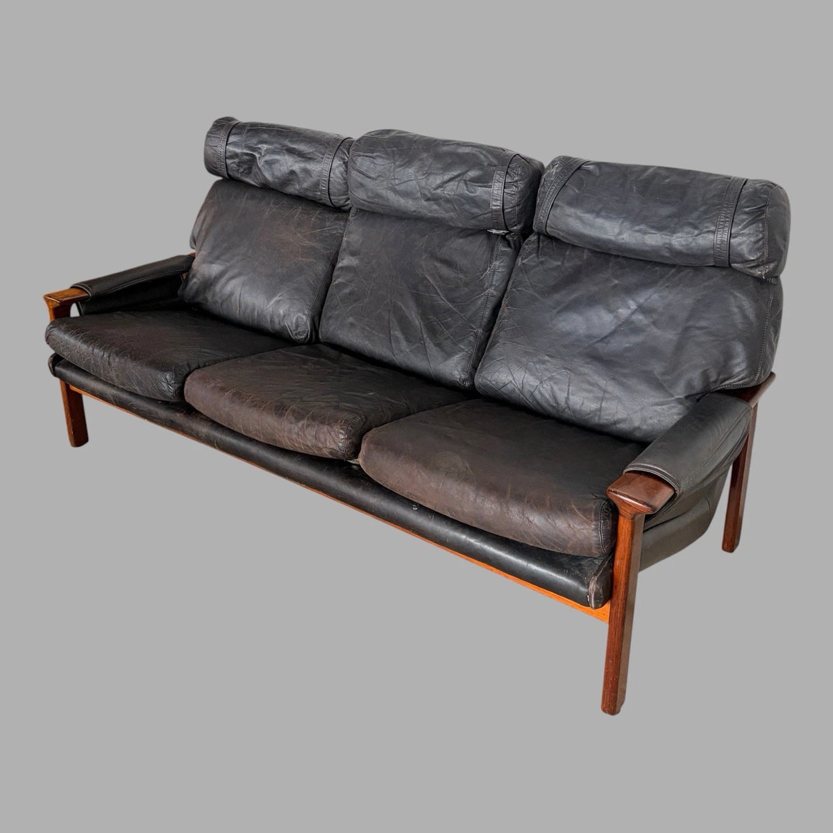 Fred Lowen for Tessa rosewood and black leather three-seater sofa – view 6