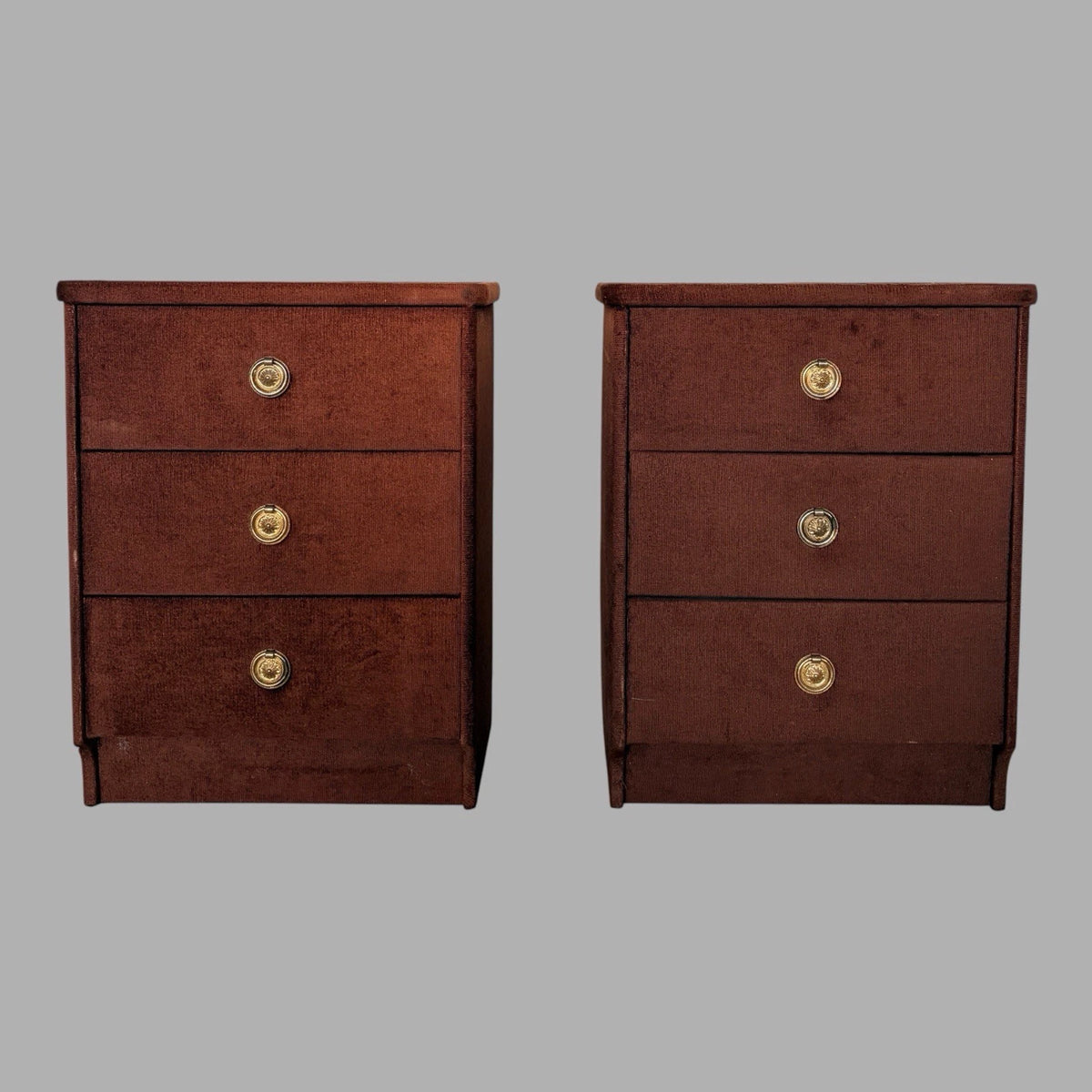 Pair of mid-century chocolate brown velour bedside cabinets – view 1