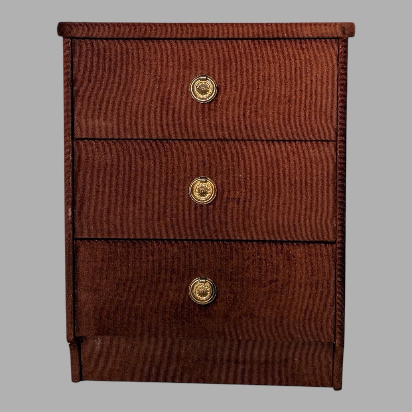 Pair of mid-century chocolate brown velour bedside cabinets – view 2