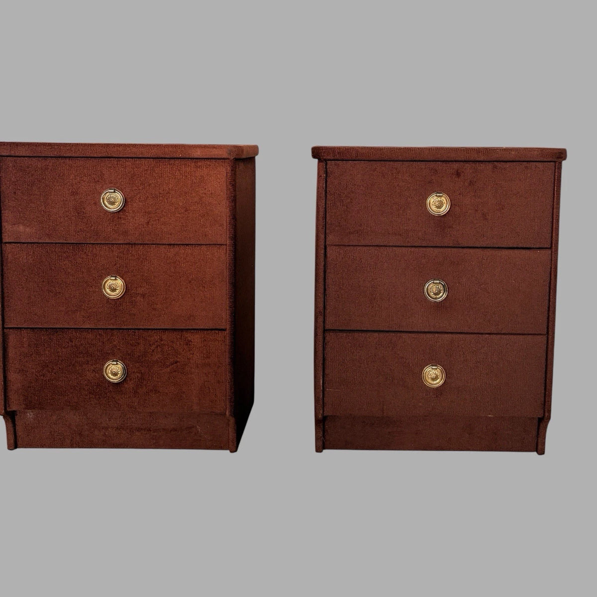 Pair of mid-century chocolate brown velour bedside cabinets – view 3