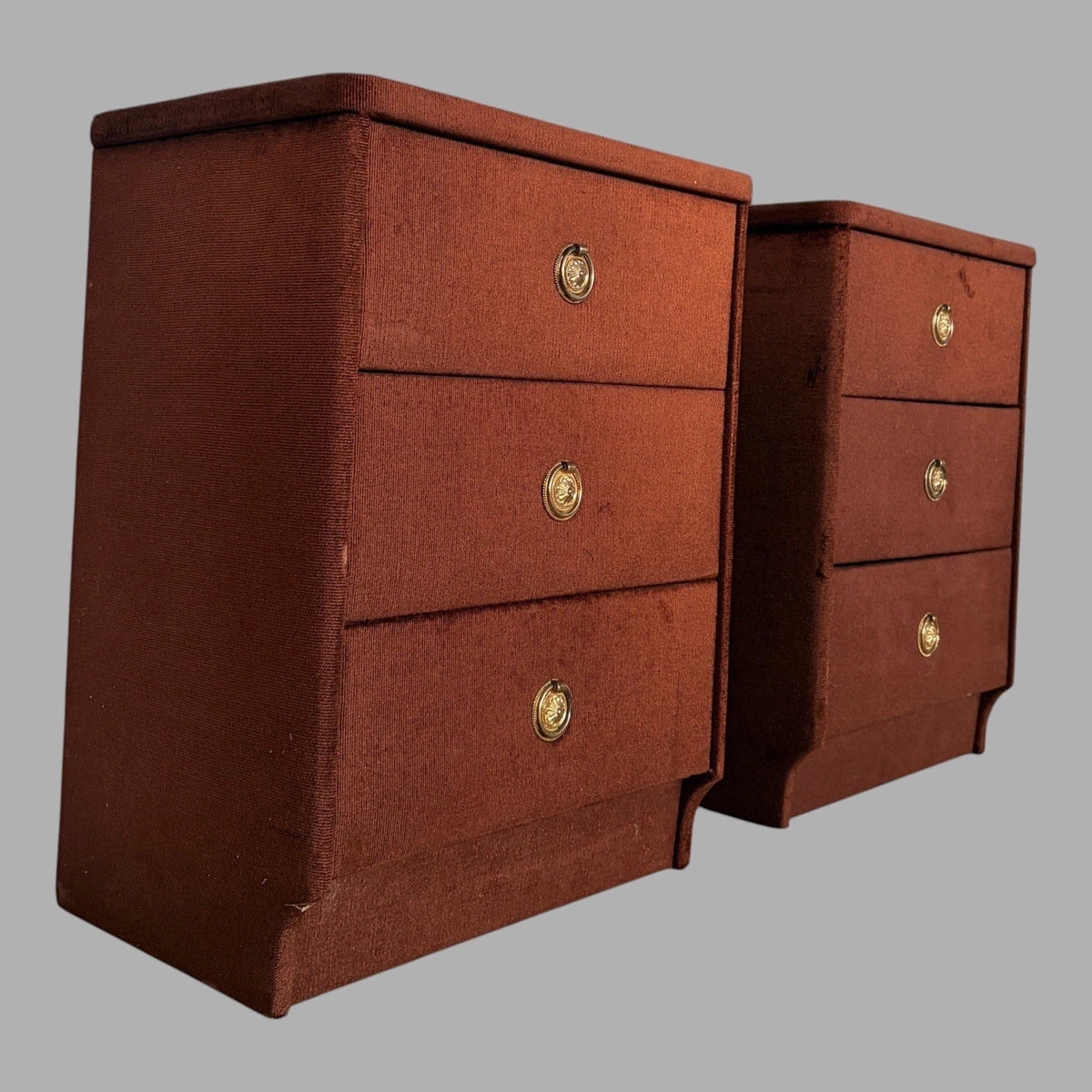 Pair of mid-century chocolate brown velour bedside cabinets – view 4
