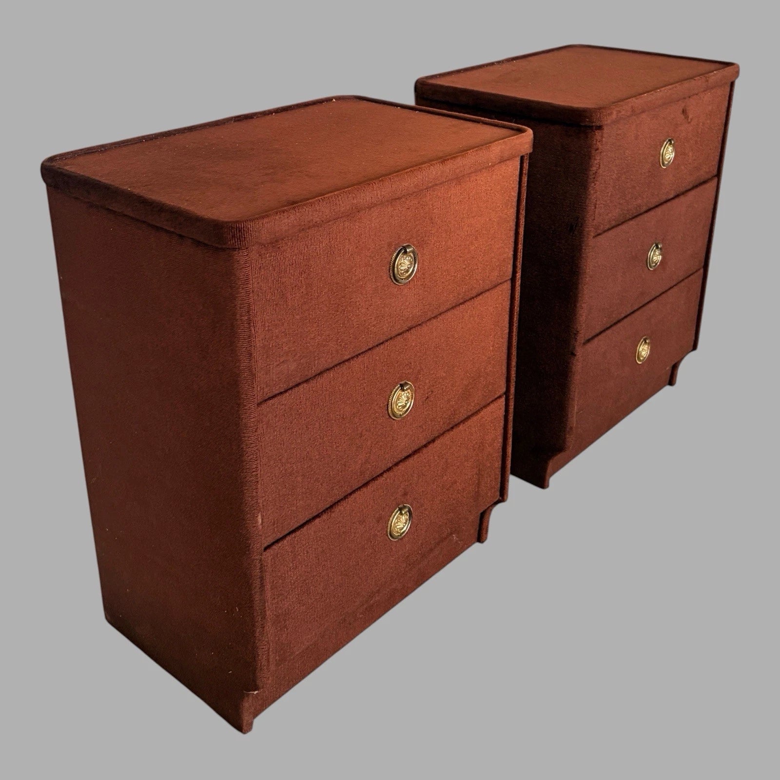 Pair of mid-century chocolate brown velour bedside cabinets – view 5