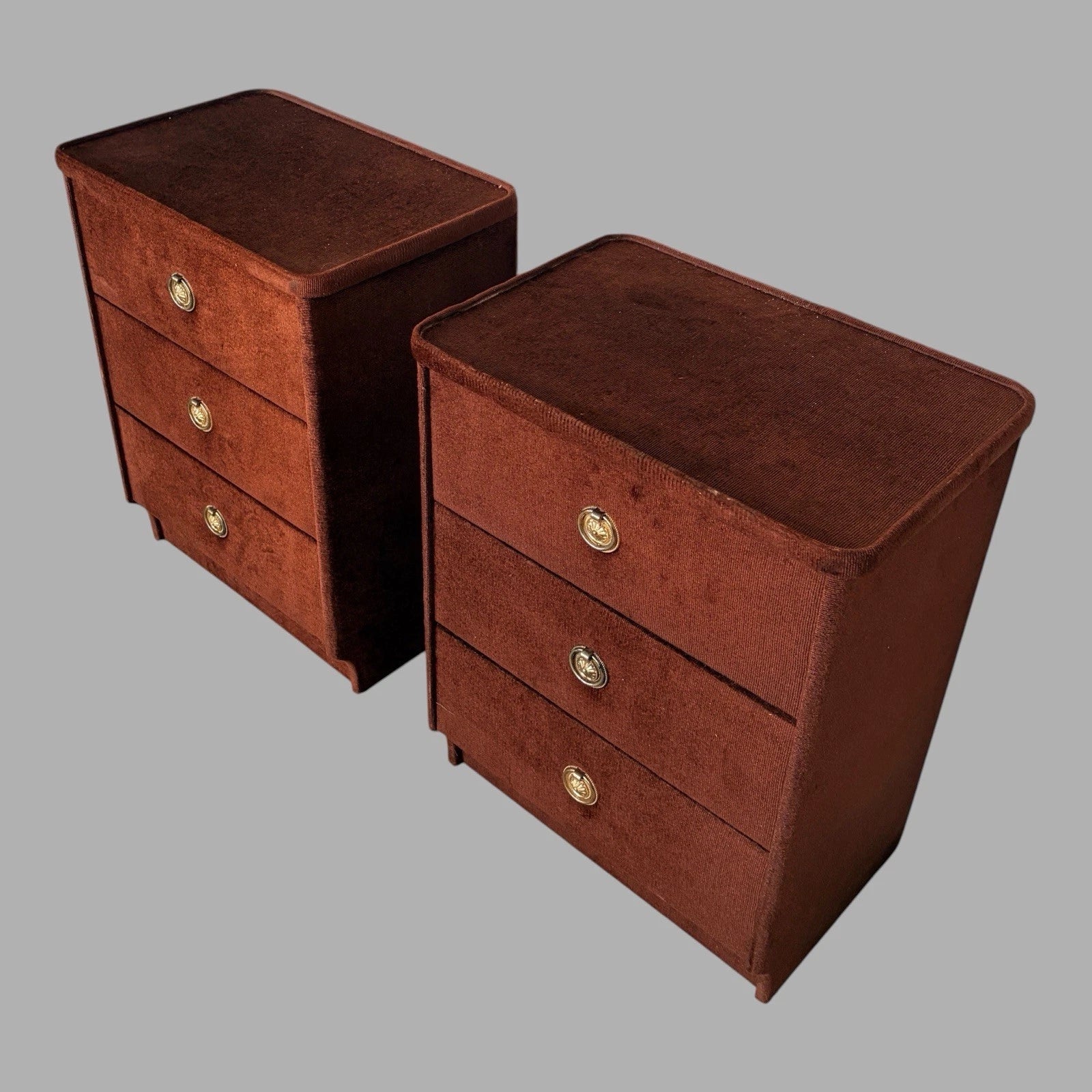 Pair of mid-century chocolate brown velour bedside cabinets – view 6