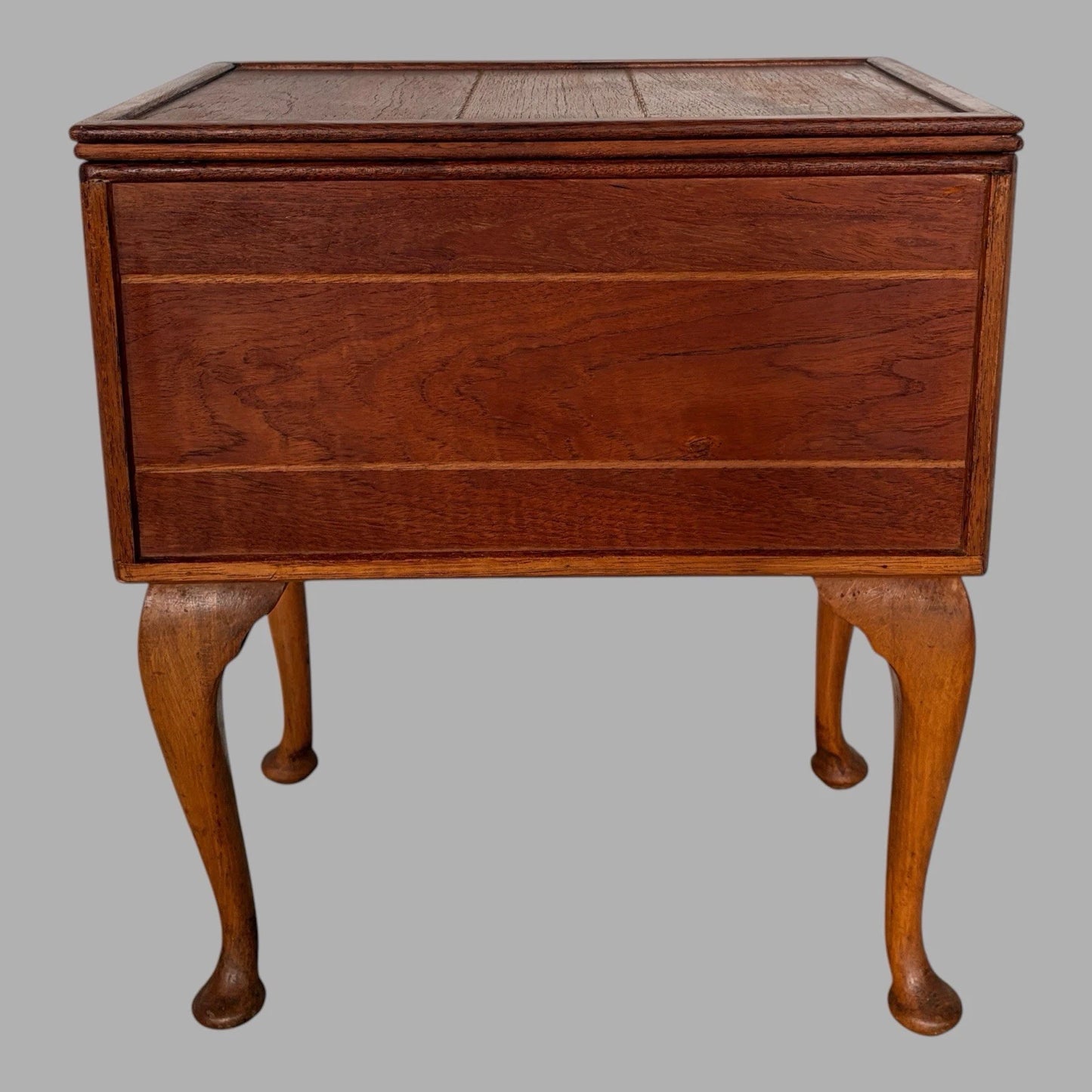 Vintage mid-century teak sewing box on cabriole legs – view 1