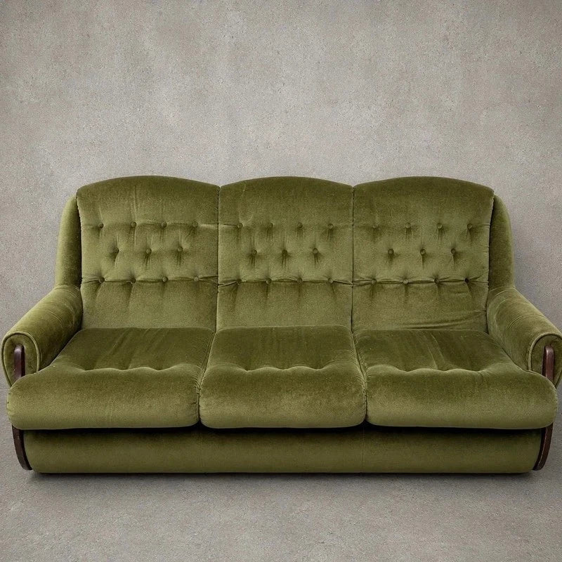 Mid Century Green Velvet Three-Seater Sofa – photograph 1