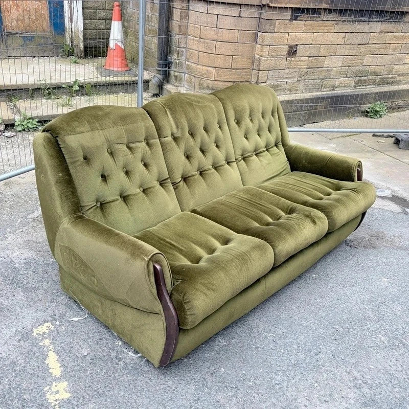 Mid Century Green Velvet Three-Seater Sofa – photograph 3