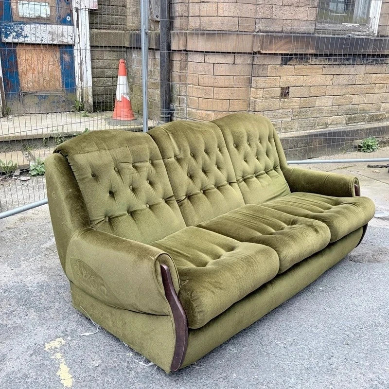 Mid Century Green Velvet Three-Seater Sofa – photograph 4