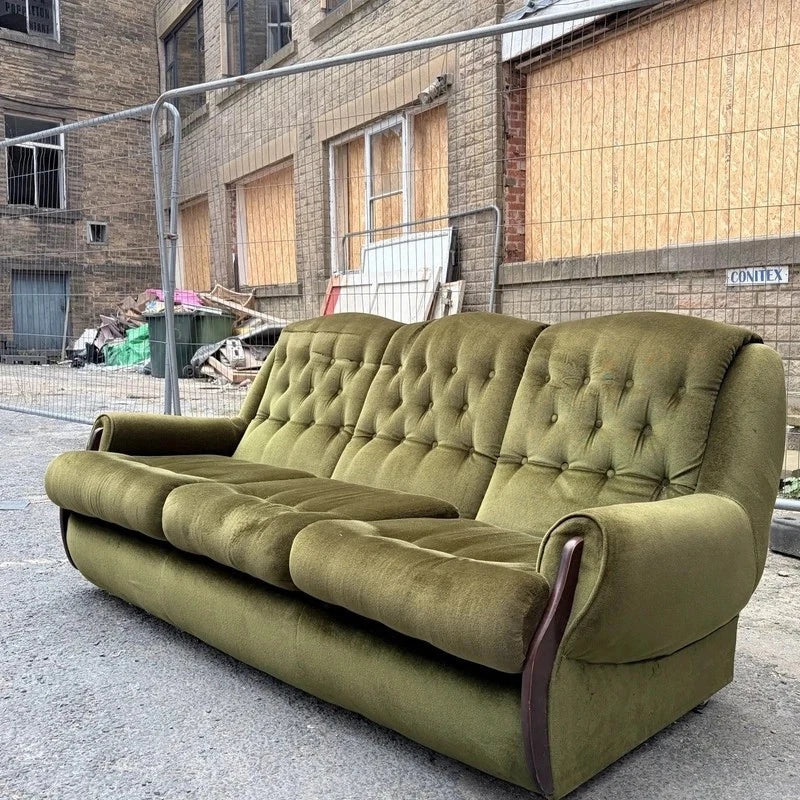 Mid Century Green Velvet Three-Seater Sofa – photograph 7