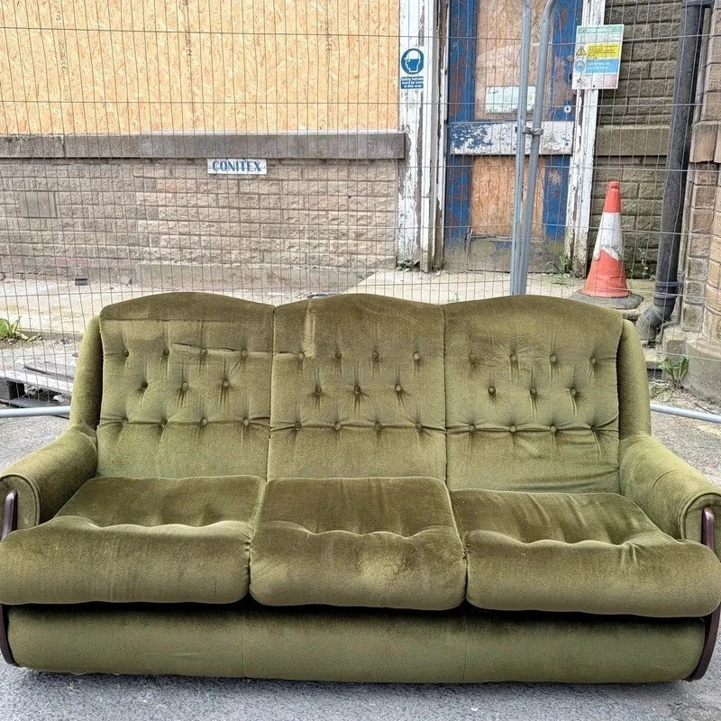 Mid Century Green Velvet Three-Seater Sofa – photograph 8